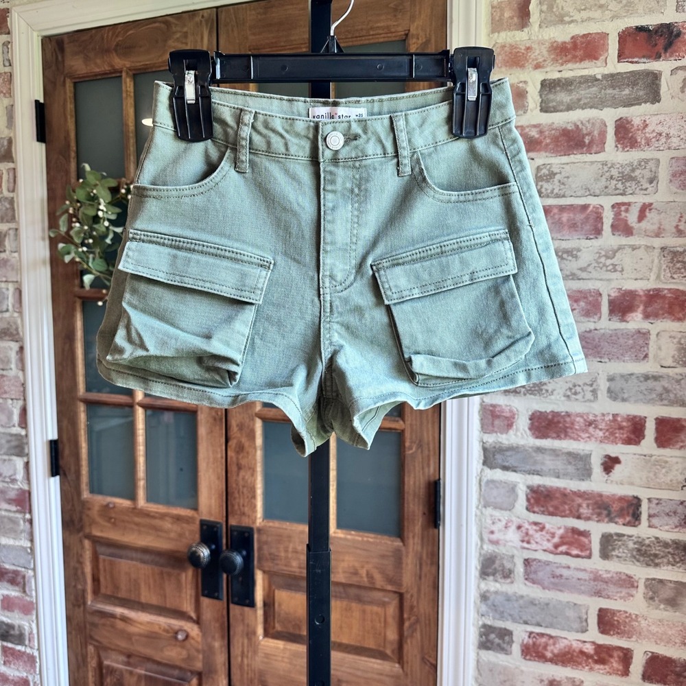 Vanilla Star Cargo Shorts Womens Green Utility Pockets Stretch Casual Size 1 25